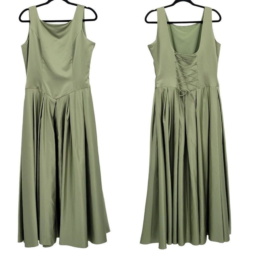 Vintage 80's Maiden Dress Gown 16 Sage Green Satin Corset‎ Back Full Fairycore